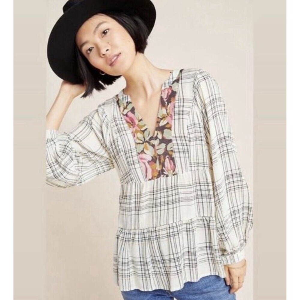 Anthropologie "Darlene" Plaid Peasant Blouse M Boho Floral Metallic Details NEW